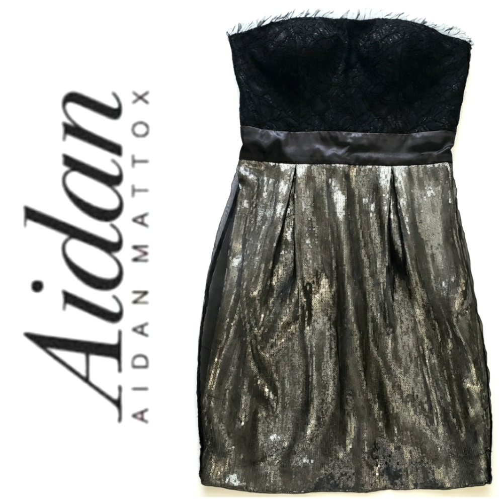 Aidan Mattox Strapless Black Lace /Silver Sequin/Chiffon Cocktail Dress